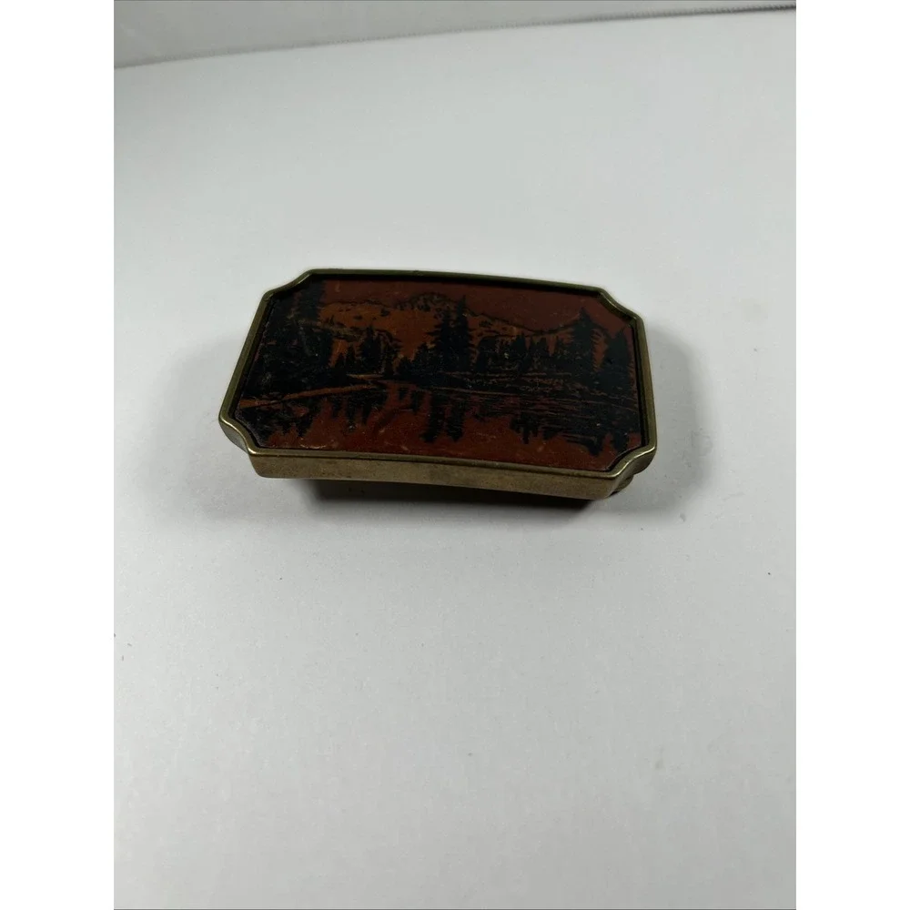 Vintage Solid Brass Leather Mountain Landscape‎ Belt Buckle Made USA